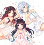  3girls bangs bare_shoulders black_hair blue_choker blue_eyes blue_hair blush bow braid choker collarbone commentary_request dress eyebrows_visible_through_hair frilled_dress frills gyozanuko hair_between_eyes hair_bow hair_ornament hair_ribbon hairband highres hinatsuru_ai long_hair low_twintails lying multicolored_hair multiple_girls off-shoulder_dress off_shoulder on_back parted_bangs pink_bow pink_dress puffy_short_sleeves puffy_sleeves red_eyes red_hair red_ribbon ribbon ribbon_choker ryuuou_no_oshigoto! short_sleeves sleeveless sleeveless_dress snowflake_hair_ornament sora_ginko twintails two-tone_hair two_side_up very_long_hair white_dress white_hairband yashajin_ai 