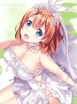  1girl :d bangs bare_shoulders blue_eyes blush breasts bridal_veil brown_hair cleavage collarbone commentary_request dress eyebrows_visible_through_hair floral_background flower fujima_takuya go-toubun_no_hanayome hair_between_eyes hair_ornament hair_ribbon large_breasts looking_at_viewer nakano_yotsuba open_mouth ribbon rose see-through short_dress sitting smile solo twitter_username veil wedding_dress white_flower white_ribbon white_rose 