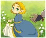  2girls blonde_hair blue_dress dress fingerless_gloves flower frog full_body gloves grass green_eyes impa kneeling looking_at_viewer looking_back multiple_girls parted_lips pointy_ears princess_zelda short_hair skirt_hold solo_focus sweatdrop the_legend_of_zelda the_legend_of_zelda:_breath_of_the_wild tiara usushira white_gloves younger 