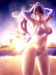  1girl beach bikini blue_eyes breasts collarbone fire gloves highres hksicabb kagutsuchi_(xenoblade) long_hair looking_at_viewer navel simple_background smile solo sun sunset swimsuit xenoblade_(series) xenoblade_2 
