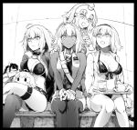  4girls ahoge bangs bare_shoulders bikini breasts bubble_tea cleavage commentary_request cup fate/apocrypha fate/grand_order fate_(series) gloves greyscale hair_ornament hair_scrunchie hairband hand_on_another&#039;s_shoulder holding holding_tray jeanne_d&#039;arc_(alter_swimsuit_berserker) jeanne_d&#039;arc_(fate)_(all) jeanne_d&#039;arc_(swimsuit_archer) jeanne_d&#039;arc_alter_santa_lily lakshmibai_(fate/grand_order) large_breasts long_hair look-alike looking_at_another looking_at_viewer monochrome multiple_girls multiple_persona open_mouth scrunchie short_hair sitting swimsuit syatey tray 