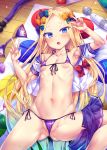  1girl abigail_williams_(fate/grand_order) anal_tail animal_ear_fluff animal_ears aqua_hair areolae arm_up bangs bikini bikini_under_clothes black_bow blonde_hair blue_eyes blue_sailor_collar blue_skirt blush bow bowtie breasts collarbone commentary_request condom_wrapper double_v dress_shirt fake_animal_ears fake_tail fang fate/grand_order fate_(series) fingernails forehead front-tie_bikini front-tie_top gradient_hair hair_bow hairband highres hitachi_magic_wand long_hair lying multicolored_hair navel on_back open_clothes open_mouth open_shirt orange_bow parted_bangs pleated_skirt polka_dot polka_dot_bow purple_bikini purple_hairband red_neckwear sailor_collar school_uniform serafuku shirt short_sleeves side-tie_bikini skirt skirt_around_one_leg small_breasts solo spread_legs swimsuit tail toraishi_666 twister v very_long_hair white_shirt wooden_floor 