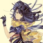  1girl back_bow bangs black_gloves black_hair bow brown_eyes commentary gloves hand_up highres long_hair looking_at_viewer original parted_lips simple_background solo umishima_senbon upper_body yellow_background yellow_bow 