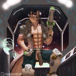  1:1 absurd_res anthro balls canid canine canis clothed clothing digital_media_(artwork) dobbernsfw fur gun hi_res humanoid_penis male mammal muscular muscular_male penis ranged_weapon solo space weapon wolf 