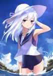  1girl :o alternate_costume bangs blue_eyes blue_swimsuit blush cloud commentary cowboy_shot day eyebrows_visible_through_hair fisheye hat hibiki_(kantai_collection) kantai_collection lens_flare long_hair moyasi3409854 one-piece_swimsuit outdoors partially_submerged ribbon rock sailor_collar sky solo standing sun_hat swimsuit swimsuit_under_clothes water white_hair white_headwear 