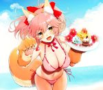  1girl animal_ears bangs bikini blush bow breasts cake cat_paws cleavage fangs fate/grand_order fate_(series) food fox_ears fox_girl fox_tail fruit gloves hair_bow kujiran large_breasts leaning_forward long_hair looking_at_viewer open_mouth paw_gloves paws pink_bikini ponytail side-tie_bikini smile solo strawberry swimsuit tail tamamo_(fate)_(all) tamamo_cat_(fate) tray 