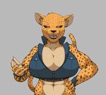  2019 abs anthro big_breasts black_sclera bloody_roar breasts claws cleavage clothed clothing digital_media_(artwork) felid female freepancakes fur hi_res jacket leopard mammal muscular muscular_female open_mouth pantherine sharp_teeth shina_(blooy_roar) simple_background smile solo spots spotted_fur teeth topwear video_games 