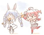  &gt;_&lt; 2girls :3 ahoge animal_ear_fluff animal_ears armband bangs blue_hair blush braided_tail bunny_ears bunny_girl carrot carrot_hair_ornament cherry_blossoms cleavage_cutout detached_sleeves eating eyebrows eyebrows_visible_through_hair flower food_themed_hair_ornament full_body hair_ornament hairclip holding hololive kuro_(kuroneko_no_kanzume) multiple_girls nontraditional_miko o_o open_mouth pink_hair sakura_miko side_ponytail skirt thighhighs twintails usada_pekora virtual_youtuber white_background 