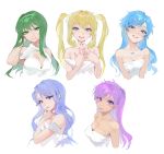  5girls blonde_hair blue_eyes blue_hair caren_(mermaid_melody_pichi_pichi_pitch) choker dress earrings eyeshadow green_eyes green_hair hair_ornament highres houshou_hanon jewelry lipstick long_hair looking_at_viewer makeup mermaid_melody_pichi_pichi_pitch multiple_girls nanami_lucia noel_(mermaid_melody_pichi_pichi_pitch) ohisashiburi purple_eyes purple_hair shell_necklace smile star star_earrings star_hair_ornament touin_rina twintails wavy_hair white_background white_dress 