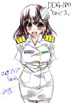  1girl arms_behind_back blush brown_eyes brown_hair dated haguro_(jmsdf) haguro_(kantai_collection) highres japan_maritime_self-defense_force japan_self-defense_force k.m.station kantai_collection looking_at_viewer military military_uniform name_tag naval_uniform open_mouth uniform 