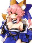  1girl animal_ear_fluff animal_ears bare_shoulders bikini blue_bikini blue_kimono blue_ribbon blush breasts cleavage closed_mouth detached_sleeves eyebrows_visible_through_hair fate/extra fate/grand_order fate_(series) fox_ears fox_girl fox_tail gomakyu hair_ribbon highres japanese_clothes kimono large_breasts looking_at_viewer looking_up pink_hair ribbon simple_background solo swimsuit tail tamamo_(fate)_(all) tamamo_no_mae_(fate) white_background yellow_eyes 