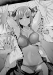  1boy 1girl arm_support armor arms_up ass_visible_through_thighs bangs bed_sheet blush bra breast_grab breasts butterfly_hair_ornament cameltoe chicke_iii cleavage collarbone condom_wrapper from_above go-toubun_no_hanayome grabbing greyscale hair_ornament highres large_breasts looking_at_viewer lying monochrome nakano_nino navel on_back on_bed open_clothes open_fly open_shirt open_skirt outstretched_arms panties parted_lips pillow pleated_skirt pov short_hair skirt skirt_pull solo_focus steaming_body stomach sweat thigh_gap two_side_up unbuttoned unbuttoned_shirt underwear 