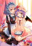  2girls :d ;o apron bangs barefoot bat_wings bed_sheet black_dress black_ribbon blue_eyes blue_flower blue_nails blue_neckwear blue_ribbon blue_rose blush book bow braid breasts commentary_request curtains dress eyebrows_visible_through_hair flower frilled_apron frilled_pillow frills hair_between_eyes hand_on_another&#039;s_head hand_up hat hat_flower hat_ribbon highres holding holding_book indoors izayoi_sakuya juliet_sleeves kirero lavender_hair long_sleeves looking_at_another maid maid_apron maid_headdress medium_breasts mob_cap multiple_girls nail_polish neck_ribbon one_eye_closed open_mouth orange_flower parted_lips petals petticoat pillow pink_dress pink_headwear puffy_sleeves purple_flower purple_rose red_bow red_eyes red_flower red_ribbon red_rose remilia_scarlet ribbon rose see-through short_hair short_sleeves silver_hair sitting small_breasts smile sunflower thigh_ribbon thighs touhou twin_braids waist_apron wariza white_apron white_flower wings 
