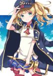  1girl adjusting_clothes adjusting_hat akiyasu blonde_hair cloud commentary_request green_eyes hat long_coat medium_hair monica_weisswind princess_connect! princess_connect!_re:dive sky smile solo sword thighhighs twintails weapon 