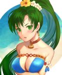  1girl bikini blush breasts fire_emblem fire_emblem:_the_blazing_blade fire_emblem_heroes flower green_eyes green_hair jurge long_hair looking_at_viewer lyn_(fire_emblem) ponytail simple_background smile solo swimsuit 