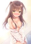  1girl :o bangs bare_shoulders blush breasts brown_eyes brown_hair cleavage commentary_request dress_shirt eyebrows_visible_through_hair hair_censor hair_over_breasts long_hair long_sleeves looking_at_viewer nose_blush off_shoulder open_clothes open_shirt original parted_lips shibainu_niki shirt sleeves_past_fingers sleeves_past_wrists solo two_side_up white_shirt 