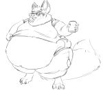  anthro belly belly_overhang big_belly black_and_white breath can canid canine chubby_cheeks claws clothed clothing eyewear fox fur glasses holding_object huff imperfectflame male mammal midriff monochrome moobs obese obese_male open_mouth overweight overweight_male simple_background solo standing thick_thighs toe_claws torn_clothing white_background 