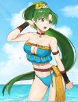  1girl bangs beach bikini blush breasts fire_emblem fire_emblem:_the_blazing_blade fire_emblem_heroes green_eyes green_hair highres jewelry kyufe long_hair lyn_(fire_emblem) navel open_mouth ponytail solo swimsuit water 