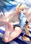  1girl ass barefoot beach beach_towel blonde_hair blue_eyes blurry blurry_background blurry_foreground braid eyebrows_visible_through_hair fate/grand_order fate_(series) hairband hane_yuki highres hood hoodie jacket jeanne_d&#039;arc_(fate)_(all) jeanne_d&#039;arc_(swimsuit_archer) lens_flare light_particles lying on_stomach open_clothes open_jacket open_mouth palm_leaf sand single_braid solo sparkle striped_towel thigh_strap towel 