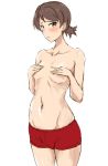  1girl bangs blush breasts brown_eyes brown_hair commentary covering covering_breasts cowboy_shot dosaken embarrassed frown girls_und_panzer groin kawanishi_shinobu looking_at_viewer navel parted_lips red_shorts short_hair short_ponytail short_shorts shorts simple_background small_breasts solo standing swept_bangs white_background 
