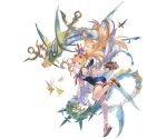  1girl :d alpha_transparency ass bag bangs blonde_hair blue_flower blue_swimsuit blush cagliostro_(granblue_fantasy) eyewear_on_head fish flower full_body granblue_fantasy hair_flower hair_ornament handbag heart heart-shaped_eyewear long_hair looking_at_viewer minaba_hideo official_art one-piece_swimsuit open_mouth purple_eyes sandals smile solo sunglasses swimsuit thigh_strap transparent_background white_flower 