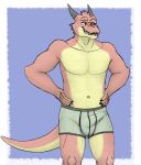  2019 5_fingers absurd_res anthro artemis_lamphuth_(character) belly biceps biped bottomwear boxers_(clothing) bulge claws clothed clothing dragonborn dungeons_and_dragons fingers hi_res horn humanoid_hands male matydraws_(artist) muscular muscular_male navel open_mouth pecs penis_outline portrait reptile scalie simple_background smile smirk smug solo standing teeth thick_thighs three-quarter_portrait tongue topless underwear 