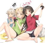  3girls ahoge alternate_costume artist_name bangs barefoot black_hair black_ribbon black_shorts blanket blonde_hair casual chips commentary contemporary controller eating english_commentary english_text fate/grand_order fate_(series) food game_controller grey_eyes hair_ribbon highres ishita_umi long_hair multiple_girls object_hug oda_nobunaga_(fate) okita_souji_(alter)_(fate) okita_souji_(fate) okita_souji_(fate)_(all) open_mouth pillow platinum_blonde_hair playing_games potato_chips red_eyes ribbon shirt short_hair short_shorts shorts signature simple_background sitting stuffed_animal stuffed_shark stuffed_toy sweatdrop t-shirt very_long_hair white_background yellow_eyes 