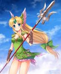  1girl 2019 blonde_hair blue_eyes blue_sky bow breasts bridal_gauntlets cleavage closed_mouth cloud collarbone covered_navel dated day dress eyebrows_visible_through_hair forehead_jewel green_bow green_dress hair_bow holding holding_spear holding_weapon long_hair looking_at_viewer low-tied_long_hair noma_(kifyz23) outdoors pauldrons polearm riesz seiken_densetsu seiken_densetsu_3 short_dress sidelocks sky small_breasts smile solo spear strapless strapless_dress twitter_username two-handed very_long_hair weapon 