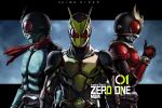  3boys antennae armor belt character_name chunk-san compound_eyes full_armor helmet kamen_rider kamen_rider_(series) kamen_rider_1 kamen_rider_kuuga kamen_rider_kuuga_(series) kamen_rider_zero-one male_focus multiple_boys red_eyes scarf thumbs_up 