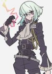  belt biker_clothes black_gloves black_jacket closed_mouth cravat fire frilled_shirt_collar frilled_sleeves frills gloves green_hair half_gloves jacket lio_fotia looking_at_viewer maikeru_(dk_maikel) male_focus multiple_belts promare purple_eyes 