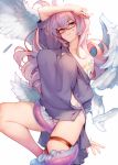 1girl angel_wings arm_up ataruman bangs breasts commentary_request commission feathered_wings feathers glasses grin highres hip_vent large_breasts long_hair looking_at_viewer multiple_wings off_shoulder original panties puffy_short_sleeves puffy_sleeves purple_eyes purple_hair red-framed_eyewear semi-rimless_eyewear short_sleeves side-tie_panties simple_background single_bare_shoulder smile smirk solo suction_cups tattoo tentacles thigh_strap under-rim_eyewear underwear white_background white_wings wings 