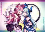  2girls :d aqua_eyes aqua_hair bangs bare_shoulders black_gloves blush commentary curled_horns dress english_commentary eyebrows_visible_through_hair fang flat_chest garter_straps gloves hair_between_eyes hair_ornament hair_ribbon heart_tail_duo honkai_(series) honkai_impact_3rd horns liliya_olyenyey long_hair looking_at_viewer micro_shorts multiple_girls open_mouth parted_lips pink_hair purple_eyes ribbon rozaliya_olyenyey shorts skin_fang smile speckticuls tail thighhighs very_long_hair w white_garter_straps white_gloves white_legwear 