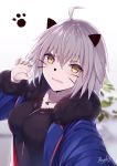  1girl ahoge animal_ears bee_doushi black_shirt blue_jacket blush breasts cape cat_ears cat_paw commentary_request eyebrows_visible_through_hair facial_mark fake_animal_ears fang fate/grand_order fate_(series) fur-trimmed_cape fur_collar fur_trim grey_hair highres jacket jeanne_d&#039;arc_(alter)_(fate) jeanne_d&#039;arc_(fate)_(all) jewelry large_breasts looking_at_viewer necklace self_shot shirt short_hair signature solo yellow_eyes 