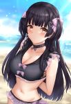  1girl arms_behind_back bangs beach bikini black_bikini black_hair blue_sky blunt_bangs blush breasts brown_eyes choker cleavage cloud collarbone crimecrime dya eyebrows_visible_through_hair frilled_bikini frills groin highres idolmaster idolmaster_shiny_colors long_hair looking_at_viewer mayuzumi_fuyuko medium_breasts navel ocean outdoors sand sky solo stomach sunlight swimsuit two_side_up 