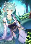  1girl aqua_hair artist_name bangs blurry blurry_background bush butter-t collarbone day depth_of_field dragon_horns fate/grand_order fate_(series) forest grass hair_between_eyes hand_up horns japanese_clothes kiyohime_(fate/grand_order) lamia long_hair long_sleeves looking_at_viewer monster_girl multiple_horns nature no_panties obi outdoors parted_lips paws pelvic_curtain pointy_ears sash scales sitting smile solo tree twitter_username wide_sleeves yellow_eyes yokozuwari 