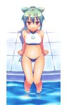  aqua_hair arm_support bare_shoulders bikini blush halter_top halterneck leaf_girl nanakusa navel original pool red_eyes shiny shiny_skin soaking_feet solo swimsuit thigh_gap 