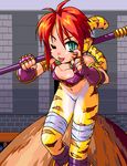  1girl animal_ears armlet bottomless breath_of_fire breath_of_fire_ii cat_ears cat_tail facial_mark fingerless_gloves fur gloves green_eyes katt lowres rinpoo_chuan staff standing tail 