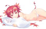  copyright_request flat_chest hips leaf leaf_girl looking_at_viewer lowleg lowleg_panties lying maple_leaf nanakusa on_side panties pillow red_eyes red_hair solo tail topless underwear white_panties 