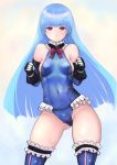  1girl ass_visible_through_thighs bangs bare_shoulders black_gloves blue_hair blue_legwear blue_leotard blue_sleeves breasts cameltoe clenched_hands commentary_request contrapposto cosplay covered_navel covered_nipples cowboy_shot dead_or_alive detached_sleeves eyebrows facing_viewer garters gloves highres johan_(johan13) kula_diamond leotard looking_at_viewer marie_rose marie_rose_(cosplay) red_eyes sideboob small_breasts solo the_king_of_fighters thighhighs white_background 
