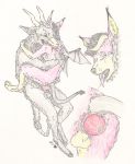  anal anal_tugging bite blood bodily_fluids demon fluffy fur hi_res hooves horn male male/male male_penetrating open_mouth penetration pink_fur sex skyfifer stand_and_carry_position standing standing_sex tongue tongue_out traditional_media_(artwork) 