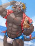  2019 abs anthro beach biped bulge clothed clothing dessert felid food h155296 horn ice_cream krampus_(housamo) lion male mammal mane_hair muscular muscular_male navel nipples open_shirt outside pantherine pecs sand scar seaside signature solo speedo swimwear tokyo_afterschool_summoners tongue tongue_out topwear tusks video_games water 