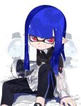  1girl amatcha anger_vein angry arm_support bangs black_legwear blue_hair blunt_bangs bucket collared_shirt commentary domino_mask frown glaring grimace highres inkling jellyfish_(splatoon) leggings logo long_hair long_sleeves looking_at_viewer mask parted_lips pointy_ears print_legwear red_eyes shirt shoes simple_background single_vertical_stripe sitting solo splatoon_(series) splatoon_2 tentacle_hair water wet wet_clothes white_background white_shirt 