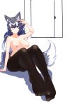  1girl absurdres animal_ears arm_support arm_up bangs black_hair blue_eyes boy_(pixiv17542438) breasts breasts_apart closed_mouth collarbone door eyebrows_visible_through_hair full_body grey_wolf_(kemono_friends) heterochromia highres kemono_friends knees_up looking_at_viewer medium_breasts multicolored_hair nipples no_pants pantyhose simple_background sitting smile solo tail topless two-tone_hair white_background white_hair wolf_ears wolf_girl wolf_tail yellow_eyes 