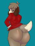  2019 animal_crossing anthro big_butt bottomless brown_fur butt canid canine canis clothed clothing digby_(animal_crossing) domestic_dog freckles fur girly hair hi_res male mammal nintendo simple_background solo video_games wizzikt 