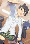  2boys :p adolescence_mechanix black_hair blush boxers briefs brown_eyes camouflage gakuran green_eyes male_focus mirror multiple_boys nix_(adolescence_mechanix) ooji_shousuke robot school_uniform shirt tongue tongue_out underwear white_shirt yuushitessen 