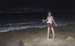  1girl :d arms_up bangs barefoot beach blurry blush bokeh brown_hair can city_lights closed_eyes cloud cloudy_sky depth_of_field facing_viewer fjsmu flip-flops footprints footwear_removed head_tilt highres holding holding_can male_swimwear night ocean open_mouth original outdoors sandals short_hair sky smile solo standing swept_bangs swim_trunks swimwear tank_top wide_shot wind wind_lift 