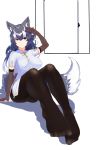  1girl absurdres alternate_costume animal_ears arm_support arm_up bangs black_hair black_legwear blue_eyes boy_(pixiv17542438) breasts chinese_clothes closed_mouth door elbow_gloves eyebrows_visible_through_hair full_body gloves grey_wolf_(kemono_friends) hair_between_eyes heterochromia highres kemono_friends knees_up looking_at_viewer medium_breasts multicolored_hair no_pants pantyhose short_sleeves simple_background sitting smile solo tail tangzhuang two-tone_hair white_background white_hair wolf_ears wolf_girl wolf_tail yellow_eyes 