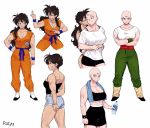  2girls abs bald belt black_eyes black_hair bottle cheek_kiss closed_eyes collarbone crossed_arms dougi dragon_ball dragon_ball_z full_body genderswap genderswap_(mtf) hand_on_hip highres holding kiss long_hair looking_at_viewer looking_away multiple_girls multiple_tails muscle muscular_female scar short_hair short_shorts shorts simple_background smile standing tail tank_top tenshinhan third_eye toned towel towel_around_neck v-shaped_eyebrows water_bottle white_background wristband yamcha yuri yuyurourou02 