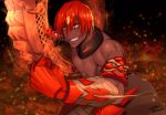  1boy arima_(arima_bn) armor ashwatthama_(fate/grand_order) black_background clenched_hand cowboy_shot dark_skin dark_skinned_male fate/grand_order fate_(series) gloves grin highres holding holding_weapon looking_away male_focus red_gloves red_hair sharp_teeth shirtless smile solo teeth weapon yellow_eyes 