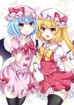 2girls bangs bat_wings black_legwear blonde_hair blue_hair blush bow bowtie clenched_hand commentary_request cowboy_shot crystal dress eyebrows_visible_through_hair fang fang_out flandre_scarlet frilled_shirt_collar frills hair_between_eyes hand_up hat hat_bow highres long_hair looking_at_viewer mob_cap multiple_girls one_side_up open_mouth petticoat pink_dress pink_eyes pink_headwear puffy_short_sleeves puffy_sleeves red_bow red_eyes red_neckwear red_skirt red_vest remilia_scarlet shirt short_dress short_hair short_sleeves siblings sisters skirt skirt_set smile standing subaru_(subachoco) thighhighs thighs touhou vest white_background white_headwear white_shirt wings wrist_cuffs yellow_bow yellow_neckwear zettai_ryouiki 